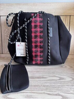 JEN & CO. Meribella Tote Bag New with Tags Black Red Plaid Neoprene